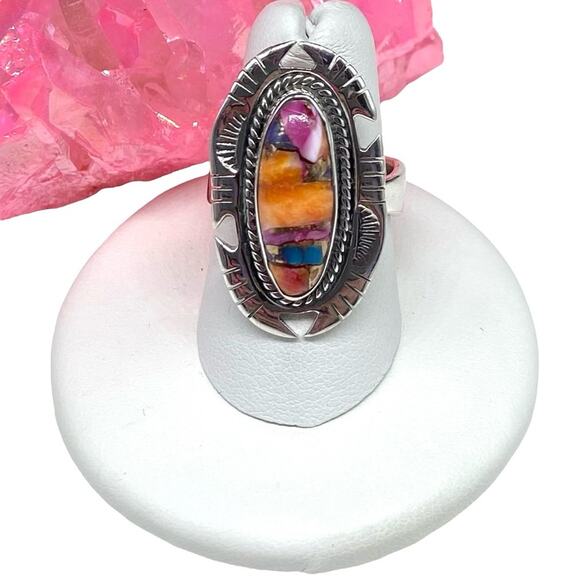Kingman Pink Dahlia Turquoise Spiny Oyster Ring Adjustable 925 Sterling Silver - Picture 1 of 8